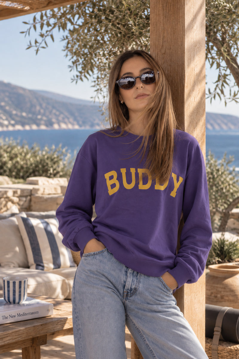 T-shirt manica lunga viola con stampa gialla BUDDY – Wikini